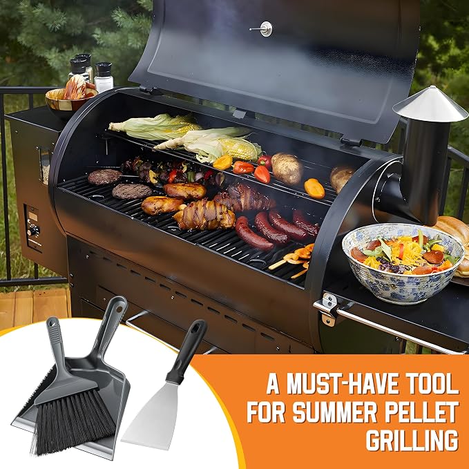 3 Piece Pellet Grill Ash Cleaning Kit, Easy to Remove Ash & Grime | Includes Large Dust Pan, Soft Bristle Brush, Metal Scraper & Wire Brush, Compact & Portable, BBQ Grill Cleaning Essential