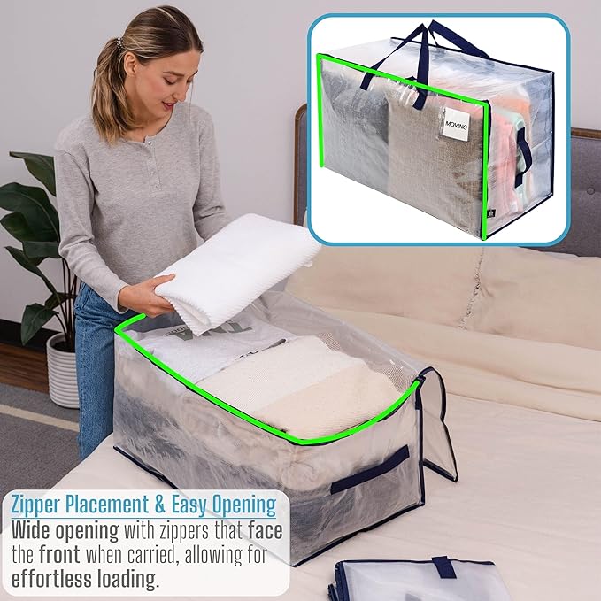 VENO 10 Pack Moving and Storage Bags, Heavy Duty, Alternative to Moving Boxes, Large Packing Totes Supplies for College Dorm Room with Zipper for Clothes, Wide Open Design (Clear, 10 Pack)