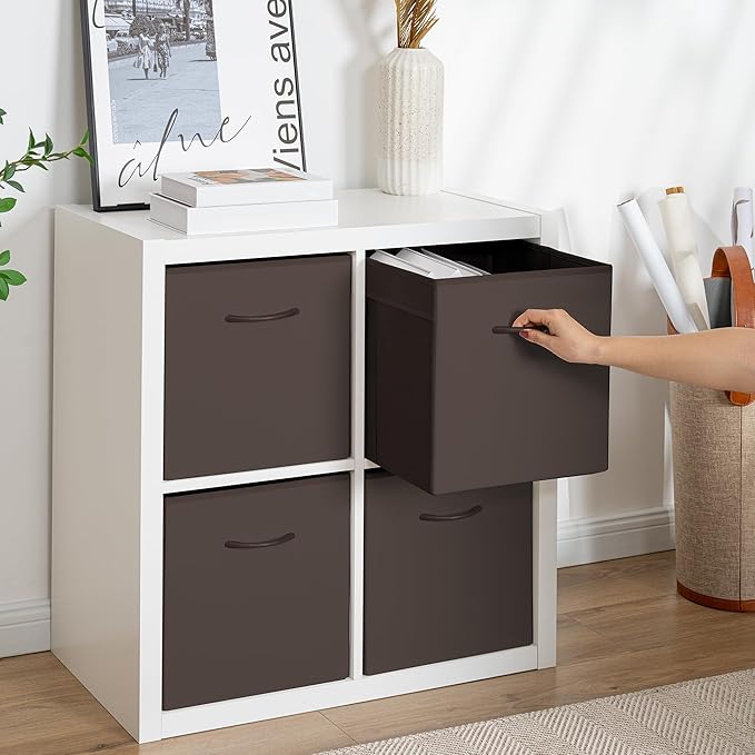 StorageWorks Brown Storage Cubes, 13x13 Storage Cube Bins with Handle, Cube Storage Organizer Bins for Shelves and Closet, Collapsible Storage Bins, 4-Pack