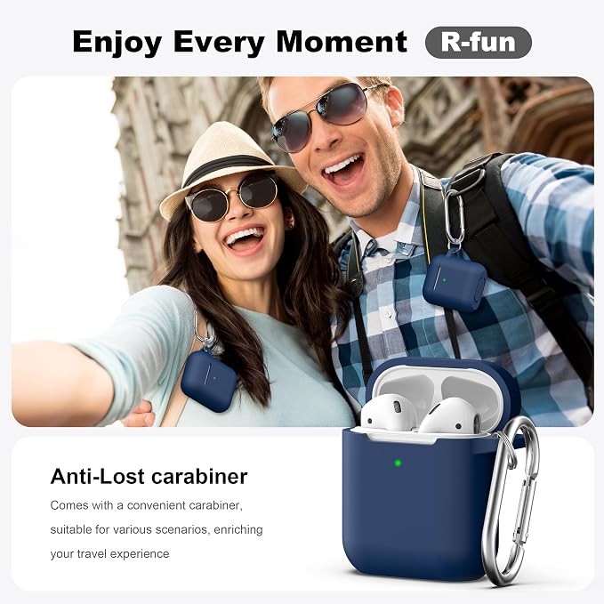 R-fun for AirPods 1/2 Case, Soft Silicone Protective Cover with Keychain and Cleaning Pen, Compatible with AirPods 2nd/1st Generation (2016/2019), Full Drop Protection Cover, Midnight Blue