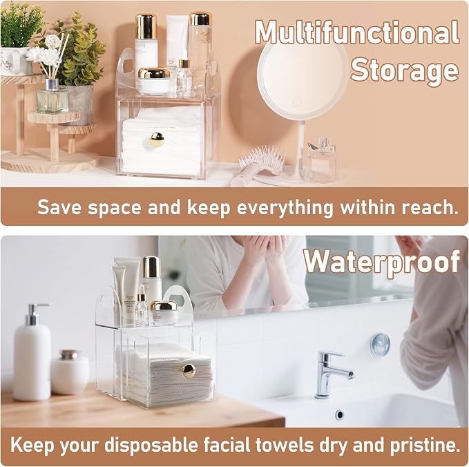Acrylic Disposable Face Towel Storage Box Compatible with Clean Skin Club Clean Towels XL, Face Towel Holder with Drawer for Bathroom, Makeup Organizer for Vanity Table (Excluding Facial Towels)
