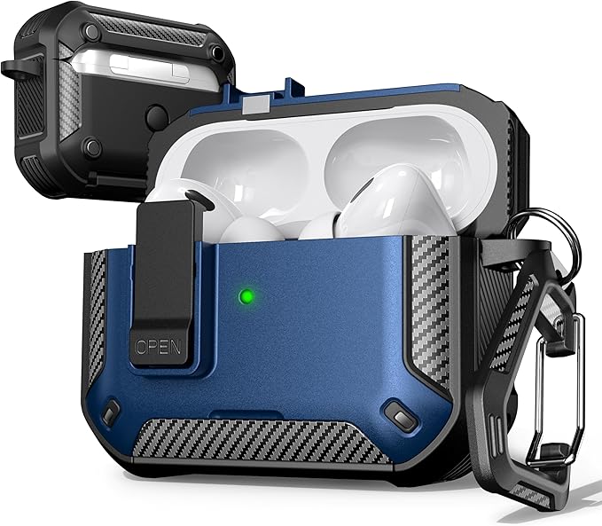 for AirPods Pro 2 Case with Lock Magnetic Lid, Blue | Compatible with AirPods Pro 2nd Generation and AirPods Pro 1st Generation (2019) Case with Cleaner Kit & Carabiner, MagSafe