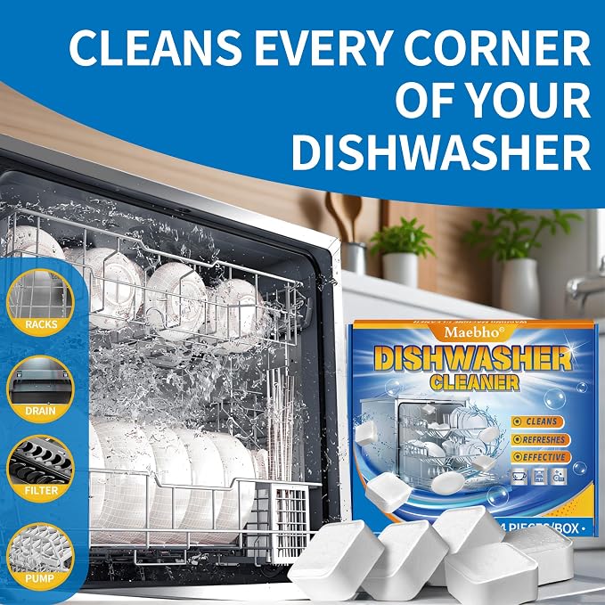 24 Pack Dishwasher Cleaner and Deodorizer Tablets – Natural Heavy Duty Deep Cleaning Descaler pods, Compatible with All Dish washer Models, Removes Limescale Grease& Odor, Septic Safe(1-Year Supply)