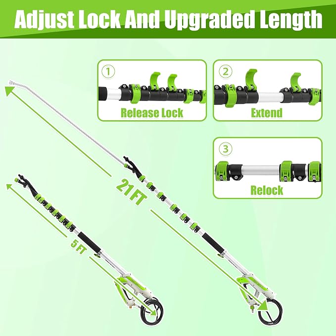 Tool Daily 21FT Telescoping Pressure Washer Wand with Brush, Extension Wand | Aluminum Telescopic Gutter Cleaner with 3 Curved Rods, 5 Sprayer Nozzle Tips and Adjustable Belt, 4000 PSI