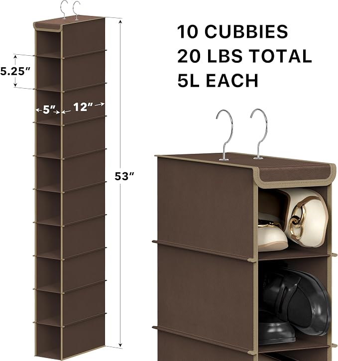 Simple Houseware 10 Shelves Closet Hanging Shoe Organizer, Brown | Dual Metal Hooks, Holds Up to 20 lbs, for Narrow Space