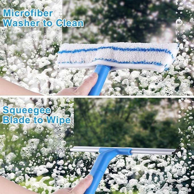Window Cleaner with Long Handle(57IN), Glass Cleaning Tools with Silicone Squeegee & Microfiber Scrubber, Window Cleaning Kit for Shower Glass Mirror Door Car | Glass Cleaning Tools Extendable, Silicone Squeegee & Microfiber Scrubber, Telescopic Window...
