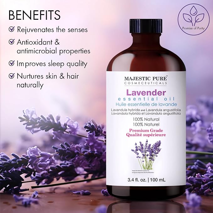 Majestic Pure Lavender Essential Oil for Diffuser - 3.4 Fl Oz | 100% Natural Essentials Oils for home fragrance, diffuser use, massage, DIY candles, DIY soaps, Aromatherapy