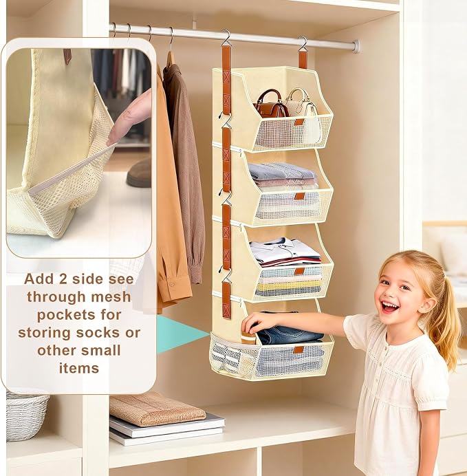 Fabric Hanging Closet Clothes Organizers and Storage Detachable 4 Tier | Hanging Clothes Organizers for Bedroom,Dorm,RV,,Camper,See Through Front Panel,Space-Saving,Can Be Separated Individually