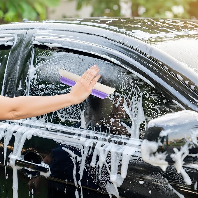 2 Pack 14 Inch Car Drying Squeegee Purple Silicone Window Blade | Flexible Silicone for Drying Windshield Shower Glass, Bathroom Window Cleaner, T-bar Design, Long Handle Wash Tool