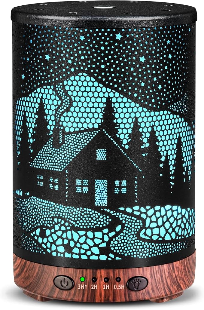Essential Oil Diffuser, 120 ml Aromatherapy Diffuser with 7 Color Lights, Auto Shut-Off and 4 Timer Settings, Ultrasonic Cool Mist Diffuser for Home Room Office (Winter Cabin)