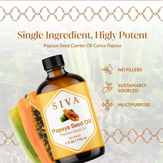 SIVA Papaya Seed Carrier Oil, Glass Bottle with Dropper, 4 Fl Oz (118 ml) | Papaya Seed Oil for Face Care, Skin Care, Facial Oil, Hair Care, Scalp Massage, Body Massage, Dilution & DIY Beauty Blends