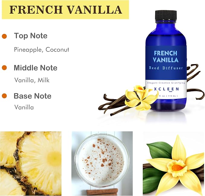 Xcleen Reed Diffuser Set with Sticks 3.7 Oz, Vanilla, Coconut & Milk Scented Fragrance Oil Diffuser for Home Bedroom & Kitchen, Long-Lasting Room Air Freshener, Mind & Body Aromatherapy, Gift Idea