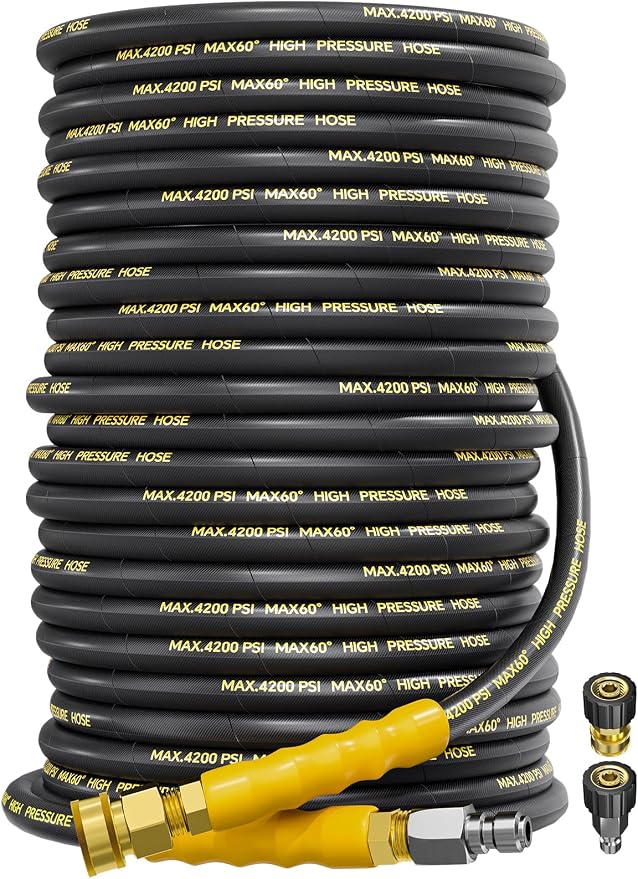 4200PSI Pressure Washer Hose 150FT with 3/8" Swivel Quick Connect for Cold/Hot Water, Kink Resistant Steel Wire Braided,1/4" Wear Resistant Power Washer Hose with 2 M22 14mm Adapter Set
