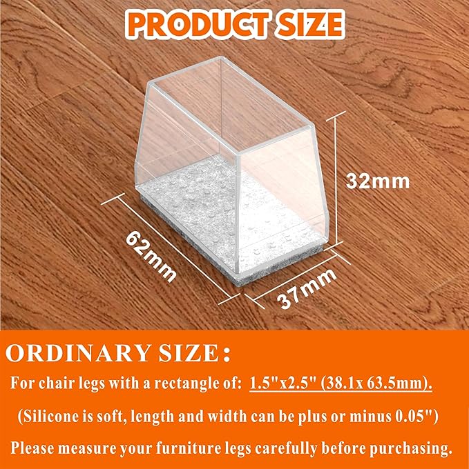 Rectangle Chair Leg Protectors for Hardwood Floors,16 PCS Silicone Covers to Protect Wood Tile Floors Felt Pads Furniture Leg Caps Reduce Noise. Easy to Move. (Clear,1.5 x 2.5 Inch, Rectangular)