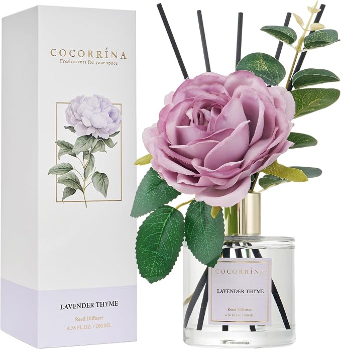 Flower Reed Diffuser - Lavender Thyme 6.7oz Scented Diffuser with Sticks Home Fragrance Essential Oil for Bathroom Shelf Decor (Artificial Flower)