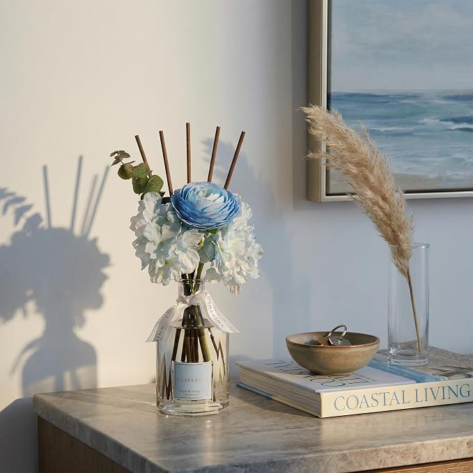 Reed Diffuser - Mint & Eucalyptus 8.5 Fl.oz Flower Reed Diffuser with Sticks, Bedroom Bathroom Shelf Decor (Floral Basket Collection)