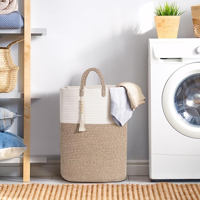 Woven Laundry Basket for Clothes, 100L Large Rectangle Laundry Hampers with Beads Tassel, Nursery Storage Basket for Toys, Tall Dirty Clothes Hamper for Bedroom Aesthetic, Laundry Room Organization