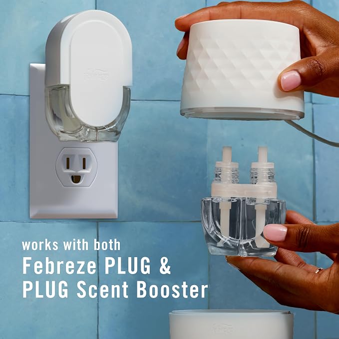 Febreze Plug Scent Booster Starter Kit, Oil Diffuser, Air Freshener Plug in, Continuous Scent, 2 Devices + 2 Baked Cinnamon Apple Refill