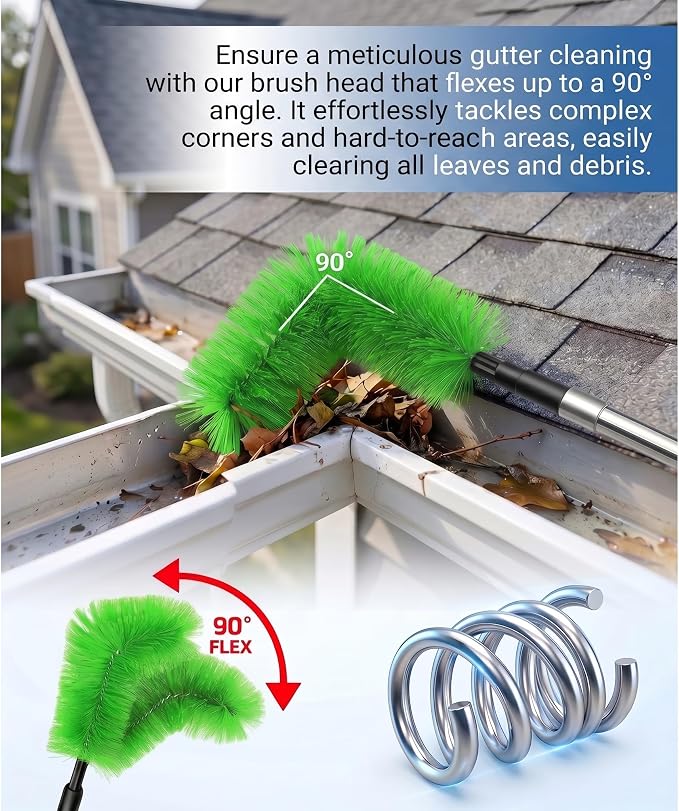 12.7 FT Gutter Cleaning Tools from The Ground with 2Pcs Nylon Brush Stainless Steel Telescopic Pole Adjustable Gutter Cleaner Tools No Ladder Needed for Easy Remove (Green)