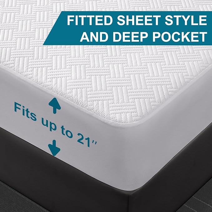 Waterproof Mattress Protector Queen Size - Breathable, Noiseless, Ultra-Soft Bed Cover, Mattress Pad Cover with Deep Stretchable Pockets 8"-21" (White)