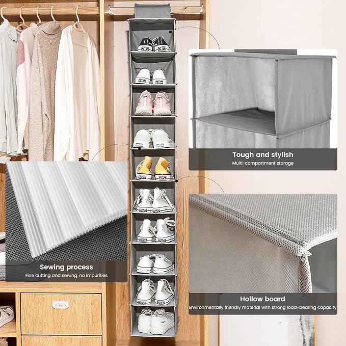 HomeBeyond 10 Shelf Hanging Closet Organizer, Grey Storage Shelves for Clothes, Shoes, and Accessories, Space Saving Closet Storage Solution