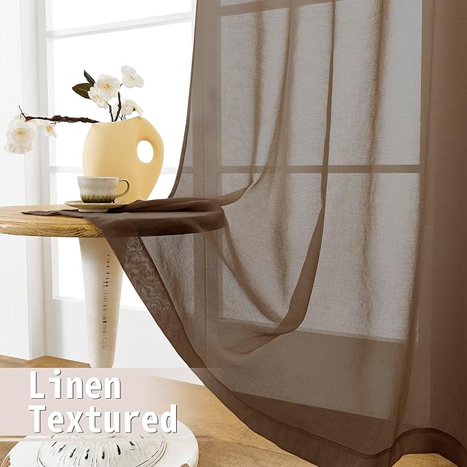 Tollpiz Sheer Door Curtains Closet Linen Textured Curtains Sheer Doorway Light Filtering Voile Rod French Door Pocket Curtain Patio Glass Door, 25 x 72 inches Long, Brown, Set of 1 Panel