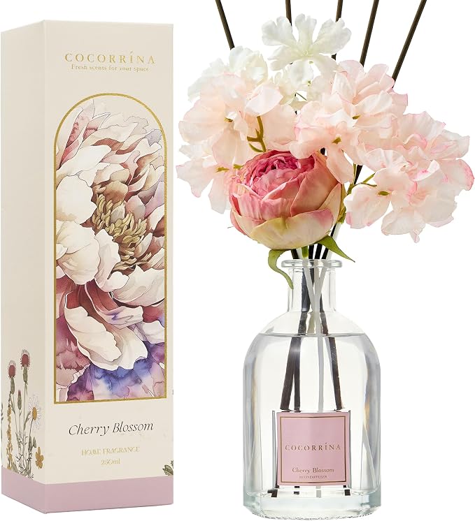 Reed Diffuser - Cherry Blossom 8.5 Fl.oz Flower Diffuser with 8 Sticks, Reed Diffusers for Home Bathroom Shelf Decor
