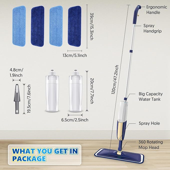 Spray Wet Mops for Floor Cleaning: Floor Mop Refillable with 2 Bottles | Microfiber Flat Mop, 4 Washable Pads for Swiffer PowerMop, Commercial Mop Lightweight, for Hardwood Wood Tile Laminate Vinyl