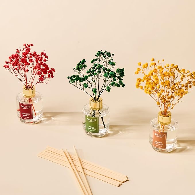 Reed Diffuser Set of 3, Coconut Pineapple Lemon Eucalyptus Cranberry Apple Oil Reed Diffusers for Bedroom Living Room Office Aromatherapy Oil Reed Diffuser for Gift 50ml x 3