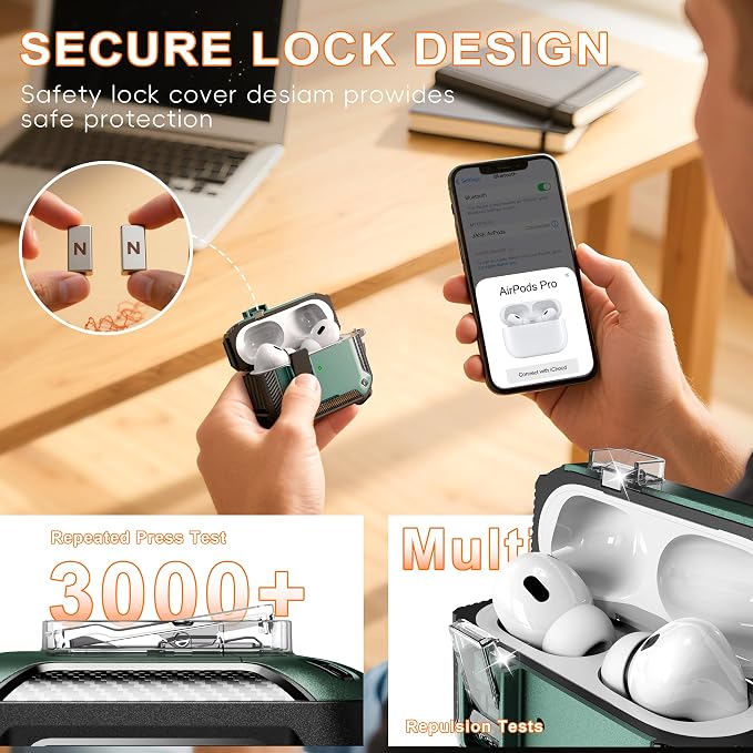 for AirPods Pro 2 Case with Lock Magnetic Lid, Green | Compatible with AirPods Pro 2nd Generation and AirPods Pro 1st Generation (2019) Case with Cleaner Kit & Carabiner, MagSafe