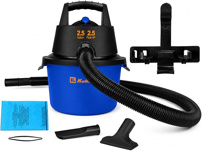 Koblenz WD-2.5L Wet Dry Vacuum Cleaner, Accessories Included, 2.5 PHP | 60 CFM, 10 Ft Reach, Twist-N-Lock Hose, Wall Mount, Small Shop Vac, Portable Shop Vac for Home Car Garage, Blue/Black, WD