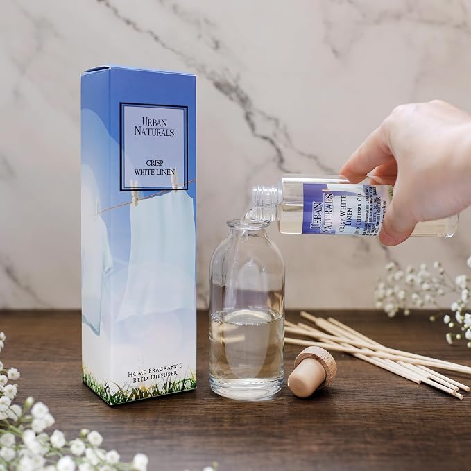 Reed Diffuser Set, Crisp White Linen - Bathroom Shelf Décor | Citrus, Ozone, Ylang-Ylang, Lilies & Sandalwood Scent Notes for a Fresh, Clean Cotton Smelling Home, Made in the USA