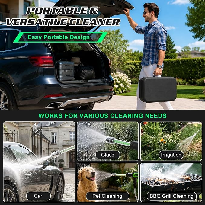 Cordless Portable Washer for Car, Handheld Washer with Brushless Motor, 2 x 4.0 Ah Batteries, 5-in-1 Nozzle & 360° Rotating Nozzle, Safty Lock, Battery Operated Washing Machine for Home Yard Garden