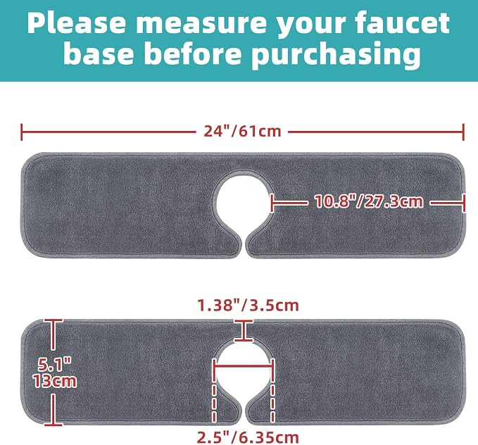 PoYang 2 Pack Faucet Mat for Kitchen Sink Splash Guard Long: Super Absorbent Microfiber Sink Water Splash Guard Behind Kitchen Faucet Mat for Bathroom, RV Protector, Machine Washable 24'' x 5.1''