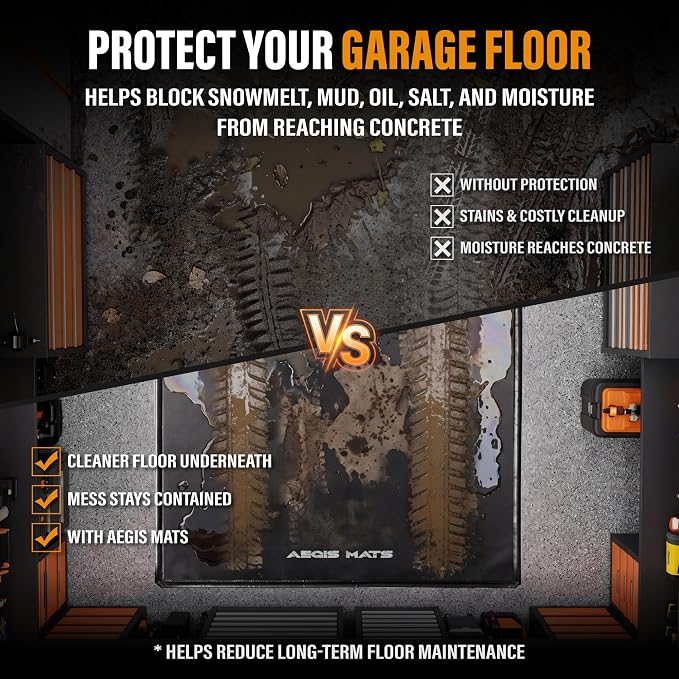 7'9" x 16' Garage Floor Mat, Non-Slip Containment Mat | 610GSM PVC Material, 65 Gal Capacity, Easy Maintenance, 1.2" Raised Edges, Protect the Floor