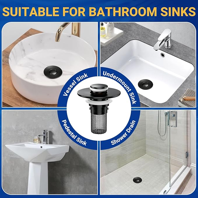 Bathroom Sink Drain Strainer, Pop-Up Bathroom Sink Stopper with Removable Stainless Steel Hair Catcher Basket, Universal Fit for US Bathroom Sinks, Showers & Floor Drains (1pcs-Black)