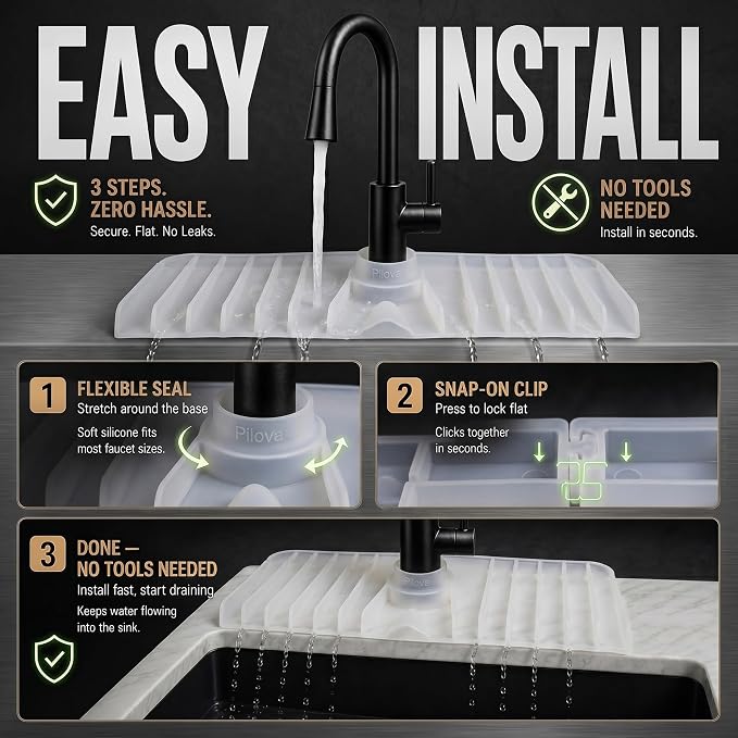 Premium Kitchen Sink Splash Guard – 16" x 5.7" Silicone Faucet Mat with Secure Pressure Clip, True 10° 3D Drainage(No Pooling), Anti-Lift Design, Flexible Leak-Sealing Ring, Non-Slip Fit Behind Faucet