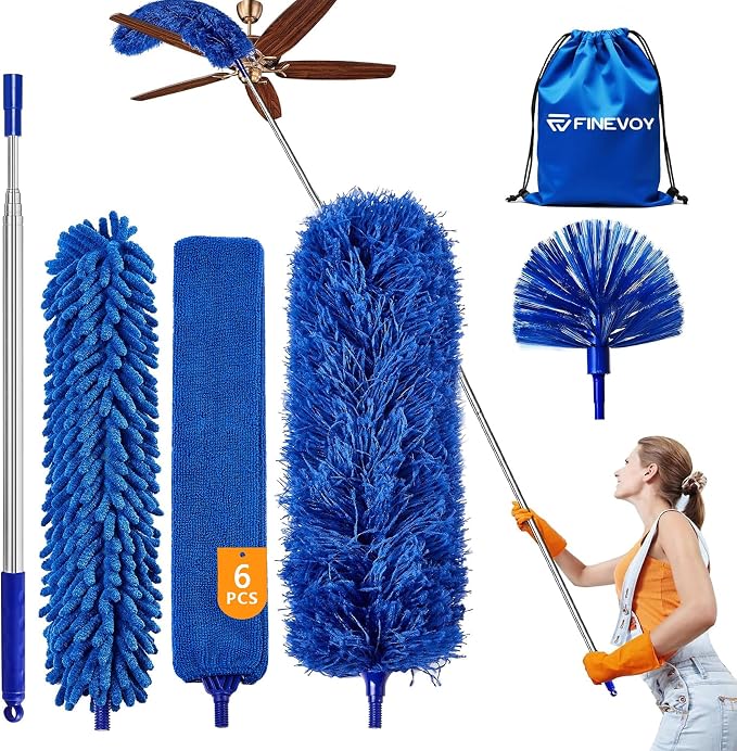 6-in-1 Duster with Extension Pole, 100" Long Reach Cleaning Kit for Home | Cobweb Duster and Microfiber Feather Gap Cleaner, Ideal for High Ceiling Fans, Blinds, Cars, Furniture and High Reach Set