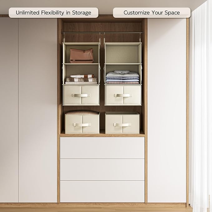 Vailando 2 Pack 3-Shelf Hanging Closet Organizer with 2 Drawers, Beige | Two Hanging Organizers with Fabric Drawers, Space-Saving Closet Storage for Clothes, Baby Items, Nursery and Dorm Rooms