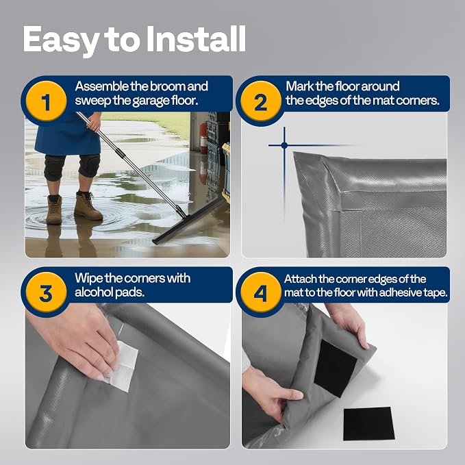 VIVOHOME Containment Mat (8'6" x 20') with Stay Put Corner, Gray | PVC Garage Floor Mats, Heavy Duty Garage Parking Mat with a Squeegee