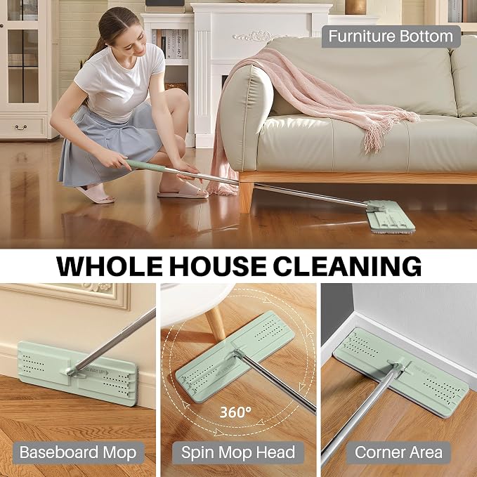 JOYMOOP Flat Mop Replacement Set, Microfiber Cleaning Head with 60" Handle and Flexible 15" Frame, Green, for Floor and Wall Cleaning
