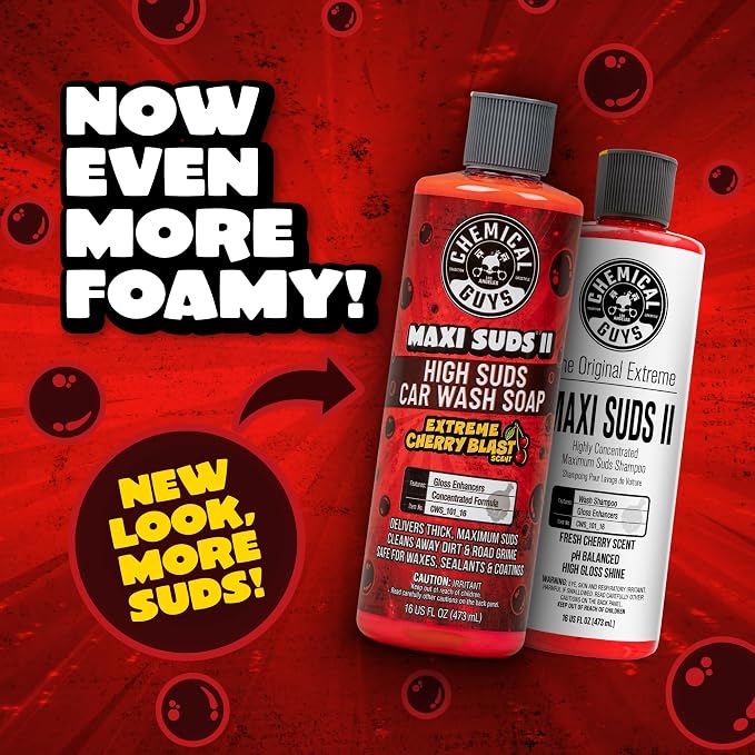 Chemical Guys, Maxi Suds II Soap & Chenille Mitt Bundle, Cherry, 16 fl oz | High-foam cherry soap with a plush chenille mitt for safe, scratch-free washing in cannons, guns or buckets