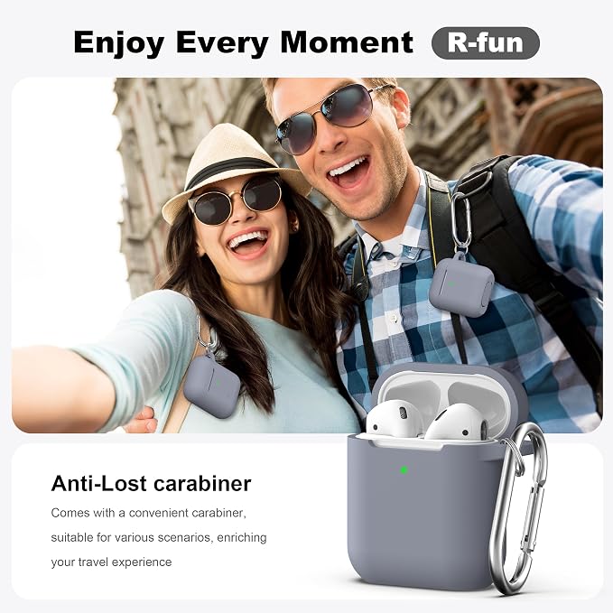 R-fun for AirPods 1/2 Case, Soft Silicone Protective Cover with Keychain and Cleaning Pen, Compatible with AirPods 2nd/1st Generation (2016/2019), Full Drop Protection Cover, Dark Gray