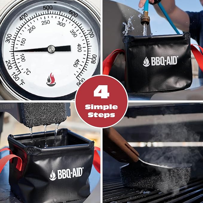 Bristle Free Grill Brush Cleaner and Scraper for Barbecue, Replaceable Head | Safe Bristle-Free Stainless Steel Scrub Pad with Heavy-Duty Scraper & Long Red Handle, Safe on Any Grill Grate