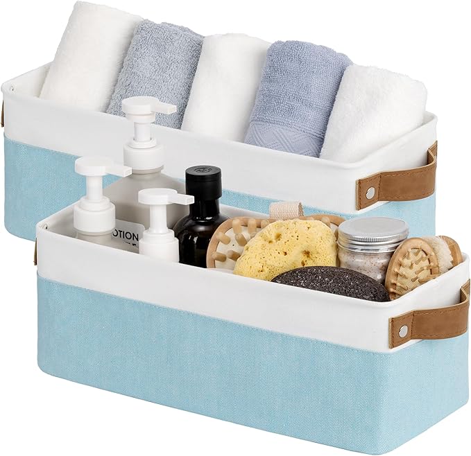 StorageWorks Narrow Storage Bins, Small Basket for Closet and Shelves, Fabric Organizer with Handles, Toilet Paper Storage, Light Blue and White, 2-Pack