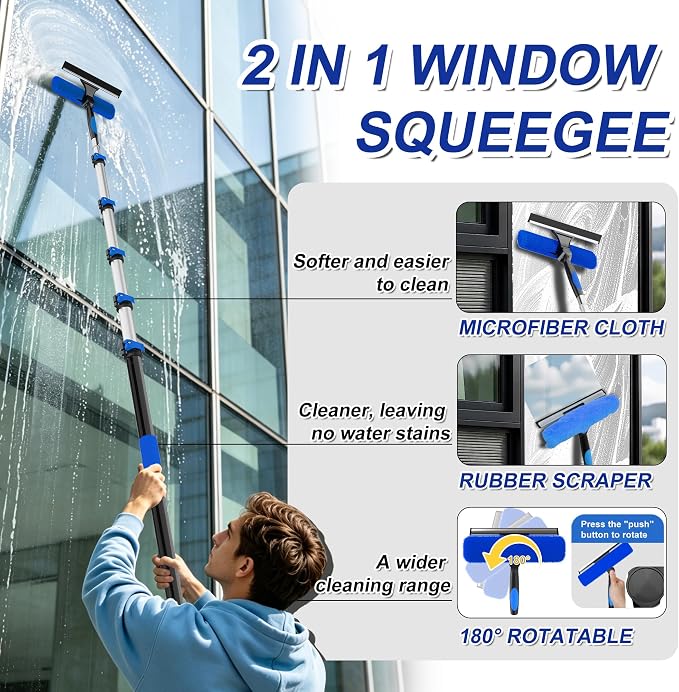 Buyplus 30FT Reach Solar Panel Cleaning Brush Kit with 5-24FT Telescoping Pole, Water Fed Window Cleaner Tool with 20" Brush, Soap Dispenser, Cobweb Duster, Squeegee for Roof, RV, Gutter, Deck,Blue