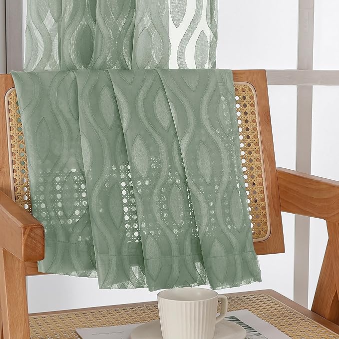 Aiyufeng Sheer Green Curtains 84 Inches Long 2 Panels, Modern Airy Light Filtering Wavy Line Clip Jacquard Window Treatments for Bedroom Living Room, Rod Pocket Curtain Drapes, Total 80 inches Width