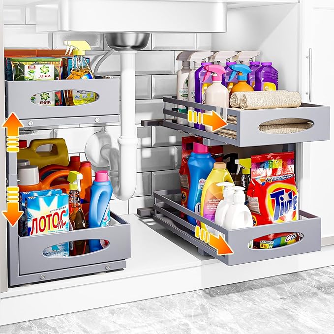 Under Sink Organizer, 2 Tier Under Sink Organizers and Storage, Adjustable Height, Slide Out Metal Cabinet Organizers, Pull Out Cabinet Storage Drawer Shelf for Kitchen Bathroom Gray, 2 Pack
