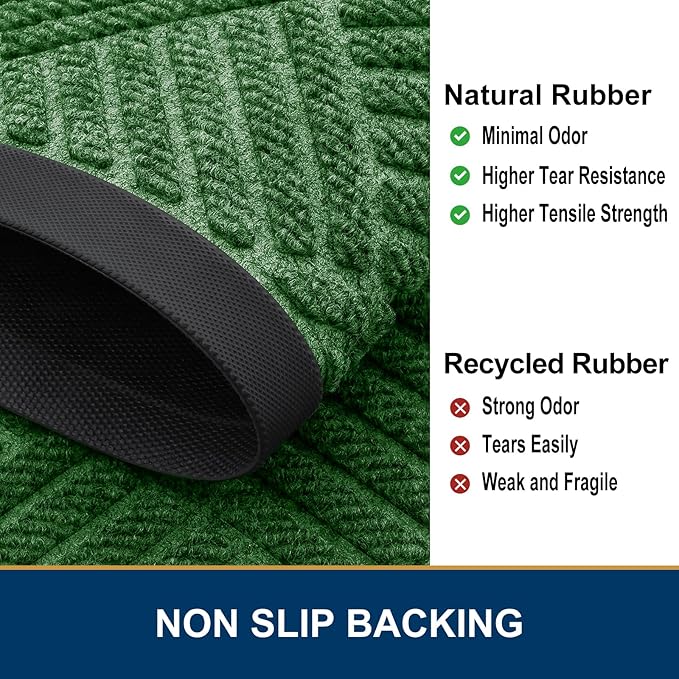 Smiry Front Door Mat Outside Entrance, Heavy Duty Outdoor Indoor Natural Rubber Doormat, Non Slip, Trap Dirt and Moisture, Easy Clean, Low Profile Patio Porch Entryway Mat, 47x23, Green