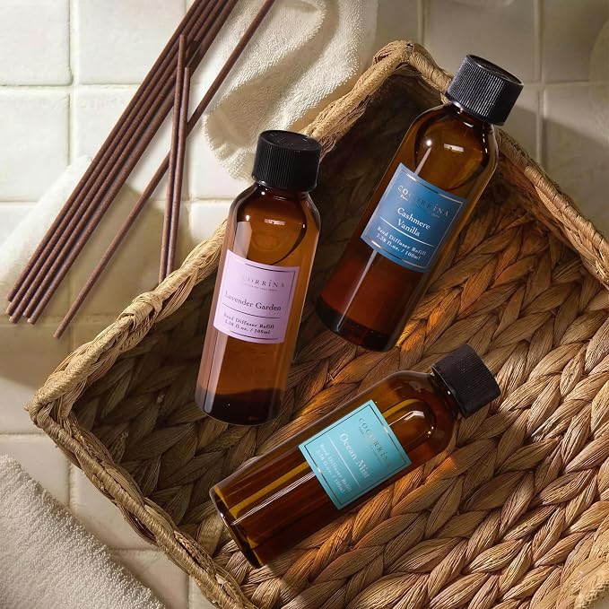 Reed Diffuser Refill Set, 10.2oz Scented Oil Refill 3 Pack, Cashmere Vanilla, Ocean Mist, Lavender Garden, Long Lasting Oil Diffuser Refill with 18 Sticks for Bathroom & Bedroom
